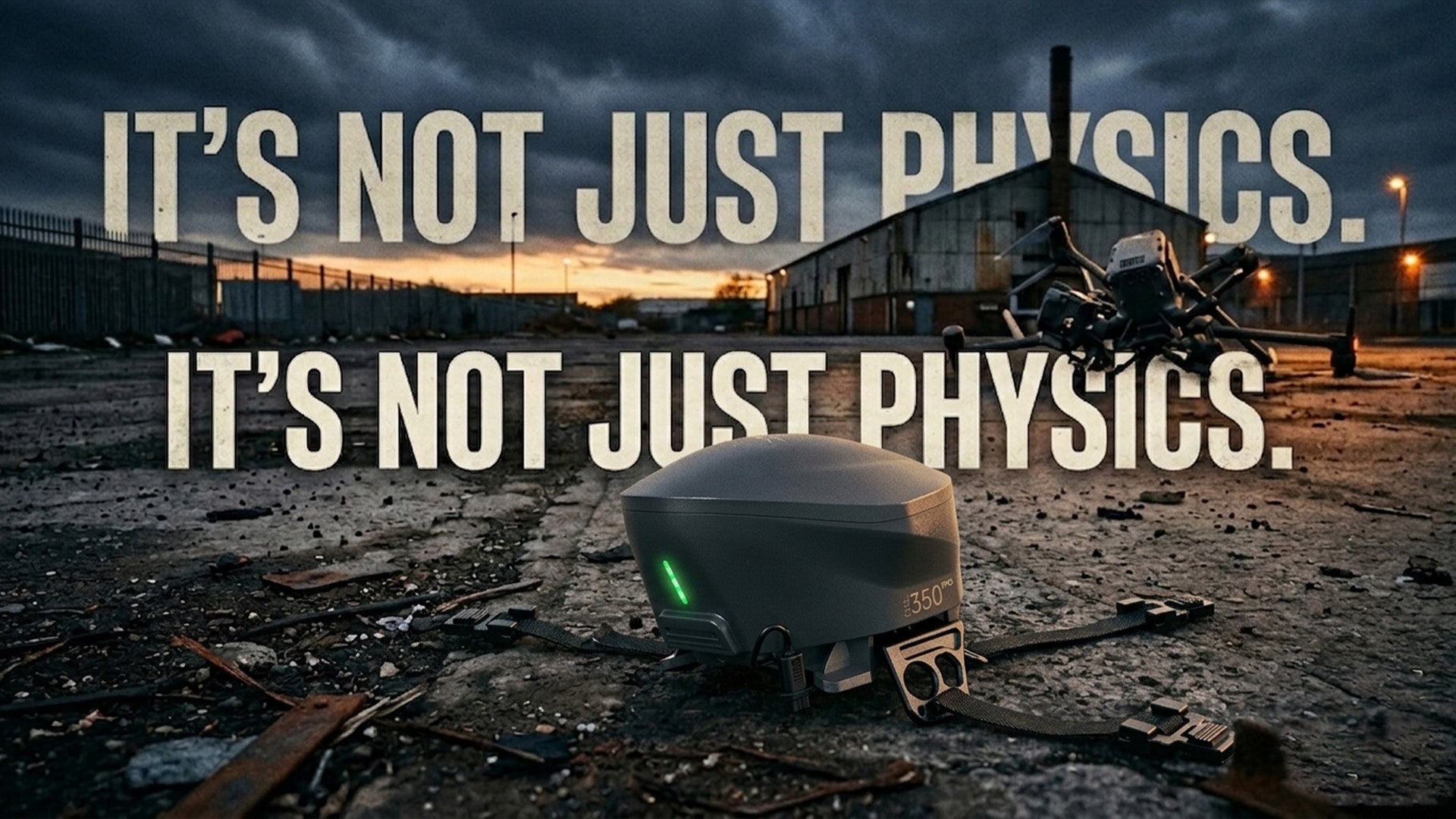 Flyfire OWL 350 PRO parachute system at a drone crash site with text "IT'S NOT JUST PHYSICS"