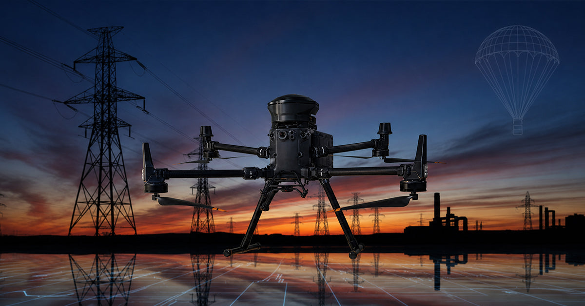 DJI Matrice enterprise drone flying at dusk over power line infrastructure, representing commercial fleet safety and FCC compliance in 2026