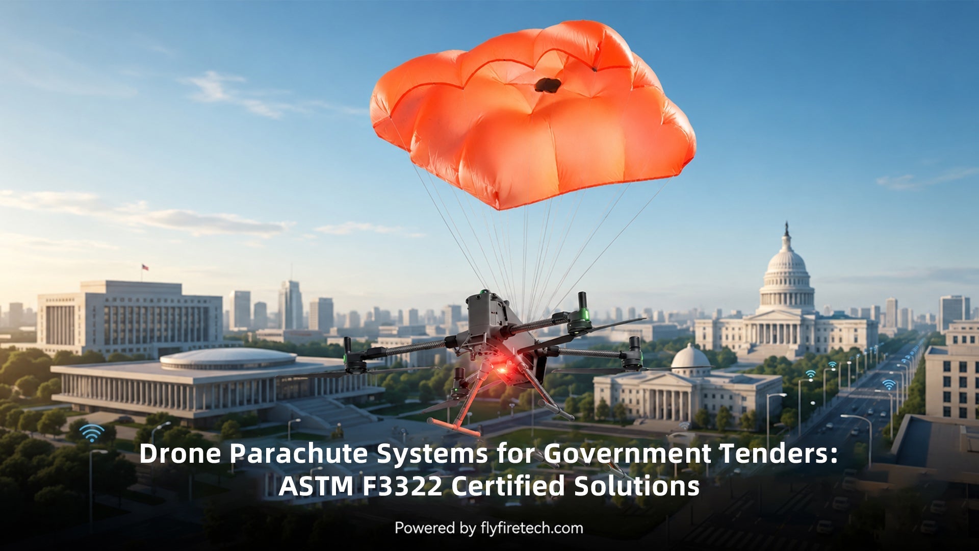 Flyfire ASTM F3322 certified drone parachute system for government tenders and public safety operations