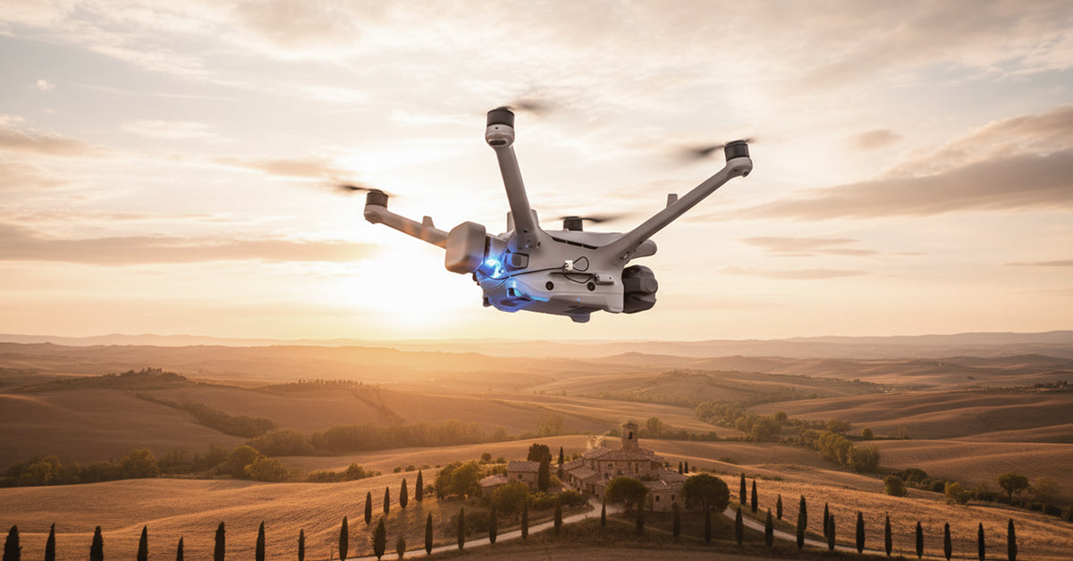 DJI Matrice 4D with Manti 4 Dock parachute system flying over European landscape for C6 BVLOS compliance