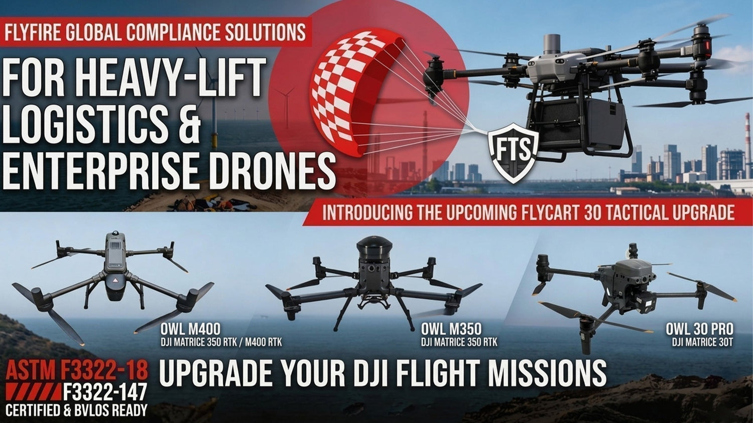 Flyfire parachute system mounted on DJI FlyCart 30 drone