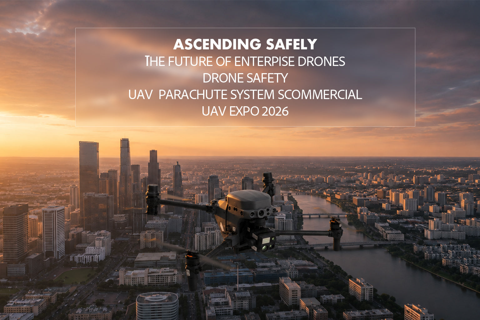Enterprise drone flying over a city skyline at golden hour dusk, representing UAV parachute safety systems for BVLOS compliance