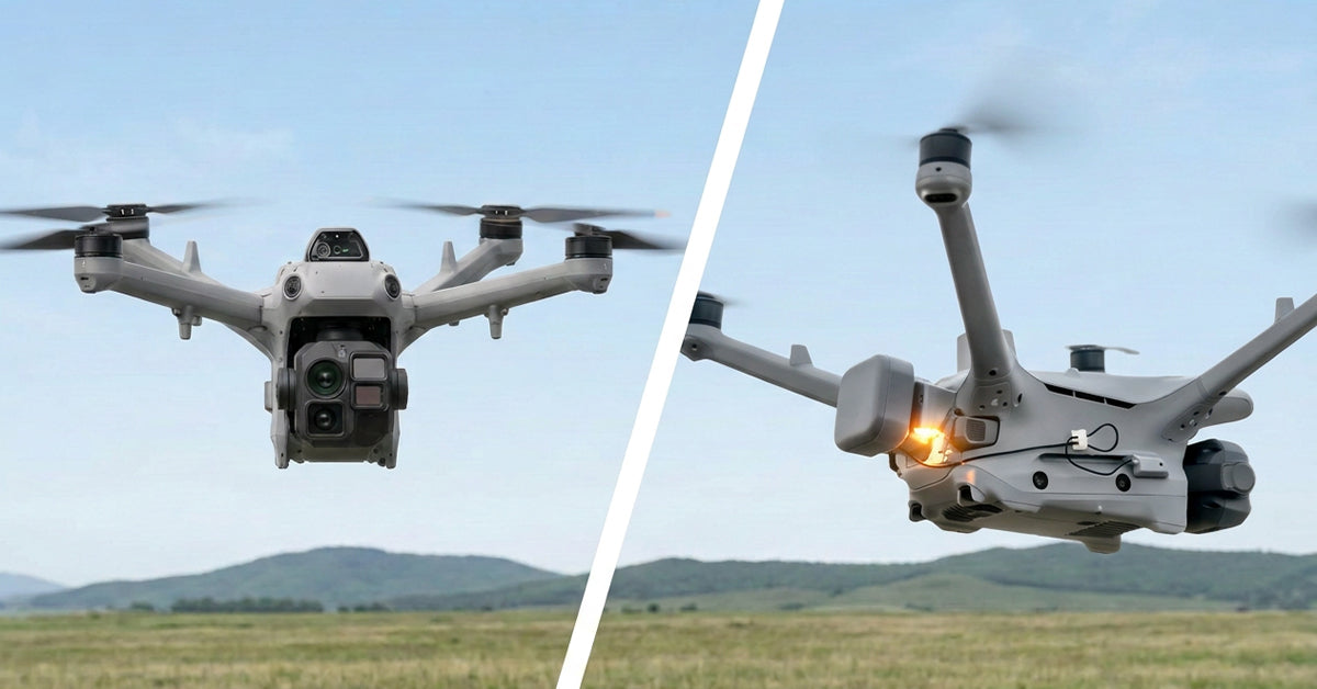 Split-screen comparison of DJI Matrice 5TD and Matrice 4TD with a parachute system flying low over a grassy field.