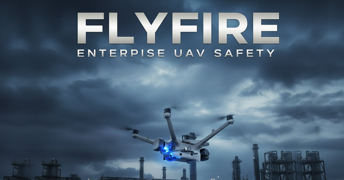 FlyFire enterprise drone in flight — multi-platform UAV fleet safety systems for commercial operations
