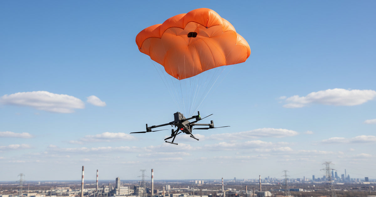 FlyFire OWL-M400 parachute recovery system deployed on a DJI Matrice 400 drone in flight