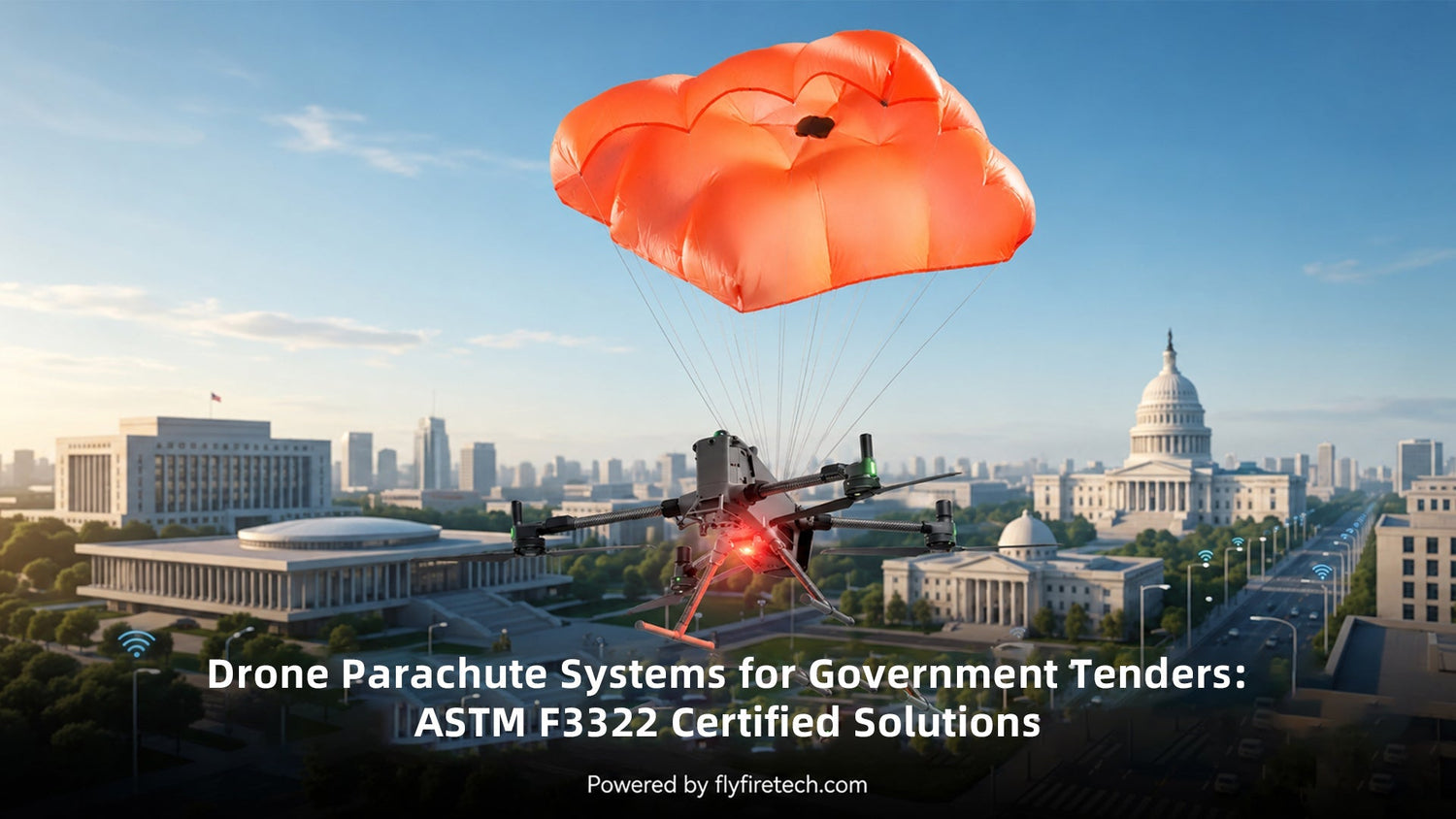 Flyfire ASTM F3322 certified drone parachute system for government tenders and public safety operations
